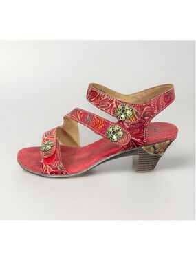 L’Artiste Spring Step Strappy Heeled Sandals Sz 37/6.5-7 Red Artsy Funky Whimsy